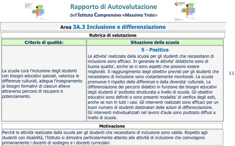 allievo attraverso percorsi di recupero e potenziamento. 5 - Positiva Le attivita' realizzate dalla scuola per gli studenti che necessitano di inclusione sono efficaci.