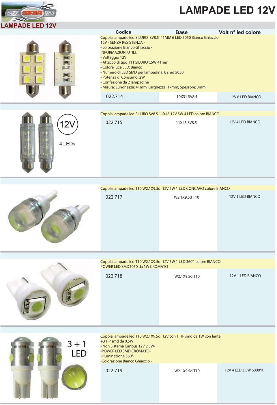di LED SMD per lampadina: 6 smd 5050 - Potenza di Consumo: 2W - Confezione da 2 lampadine - Misura: Lunghezza: 41mm; Larghezza: 17mm; Spessore: 3mm; 022.714 10X31 SV8.