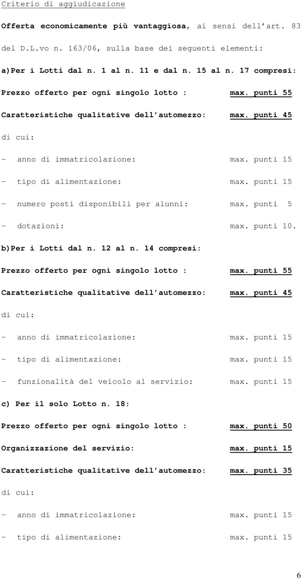 punti 15 - tipo di alimentazione: max. punti 15 - numero posti disponibili per alunni: max. punti 5 - dotazioni: max. punti 10. b)per i Lotti dal n. 12 al n.