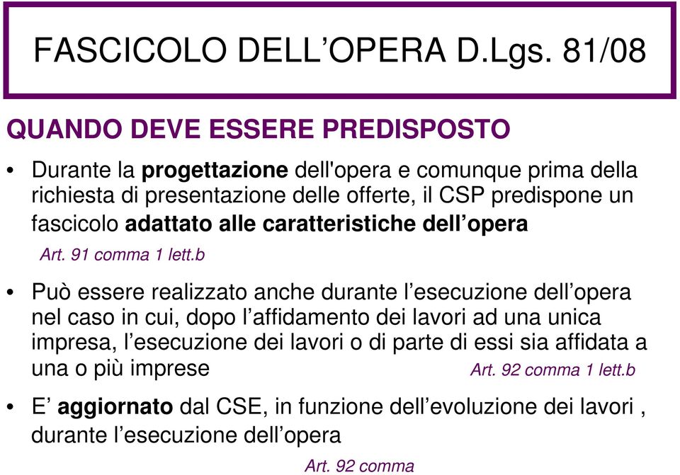 predispone un fascicolo adattato alle caratteristiche dell opera Art. 91 comma 1 lett.