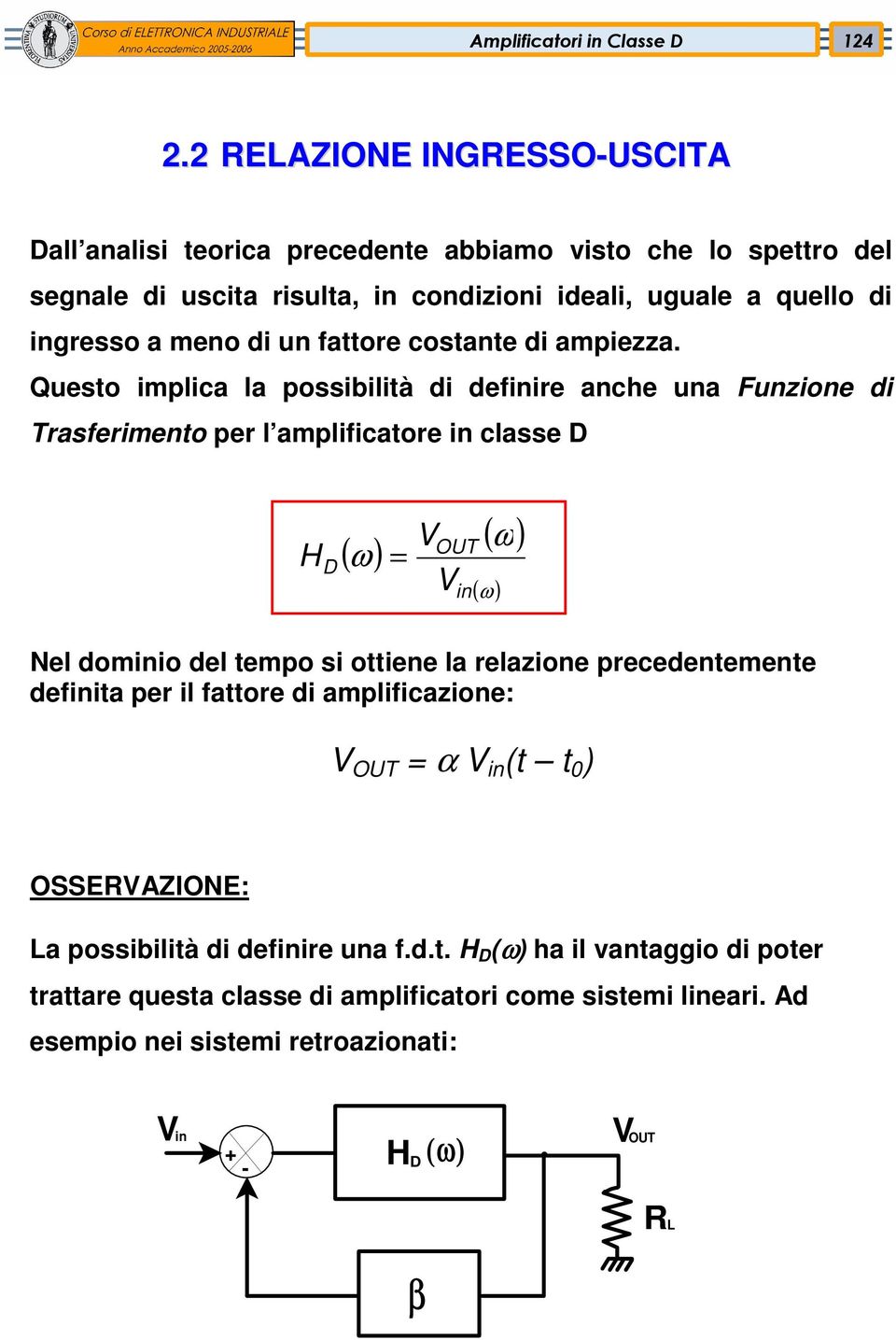 Questo implica la possibilità di definire anche una Funzione di Trasferimento per l amplificatore in classe D D ( ω) H = V OUT V in ( ω) ( ) ω Nel dominio del tempo si