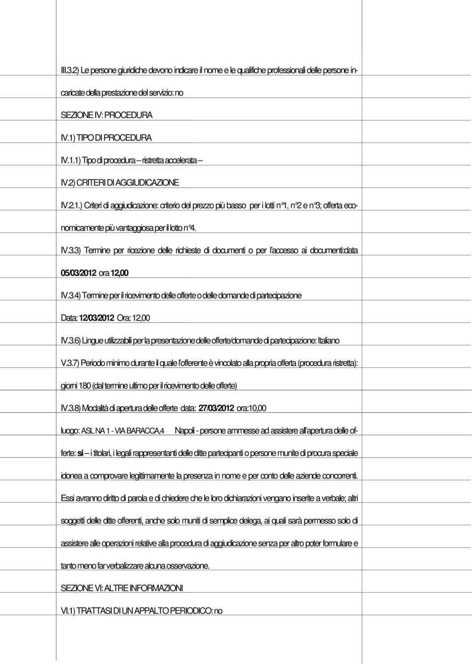 IV.3.3) Termine per ricezione delle richieste di documenti o per l accesso ai documenti:data 05/03/2012 ora 12,00 IV.3.4) Termine per il ricevimento delle offerte o delle domande di partecipazione Data: 12/03/2012 Ora: 12,00 IV.