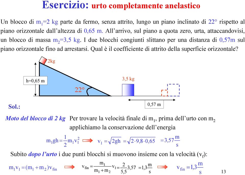 I due blocchi congiunti slittano pe una distanza di 0,57 sul piano oizzontale fino ad aestasi. Qual è il coefficiente di attito della supeficie oizzontale?