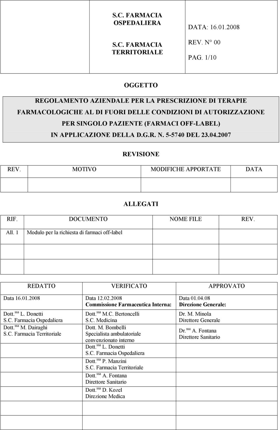 5-5740 DEL 23.04.2007 REVISIONE REV. MOTIVO MODIFICHE APPORTATE DATA ALLEGATI RIF. DOCUMENTO NOME FILE REV. All. 1 Modulo per la richiesta di farmaci off-label REDATTO VERIFICATO APPROVATO Data 16.01.