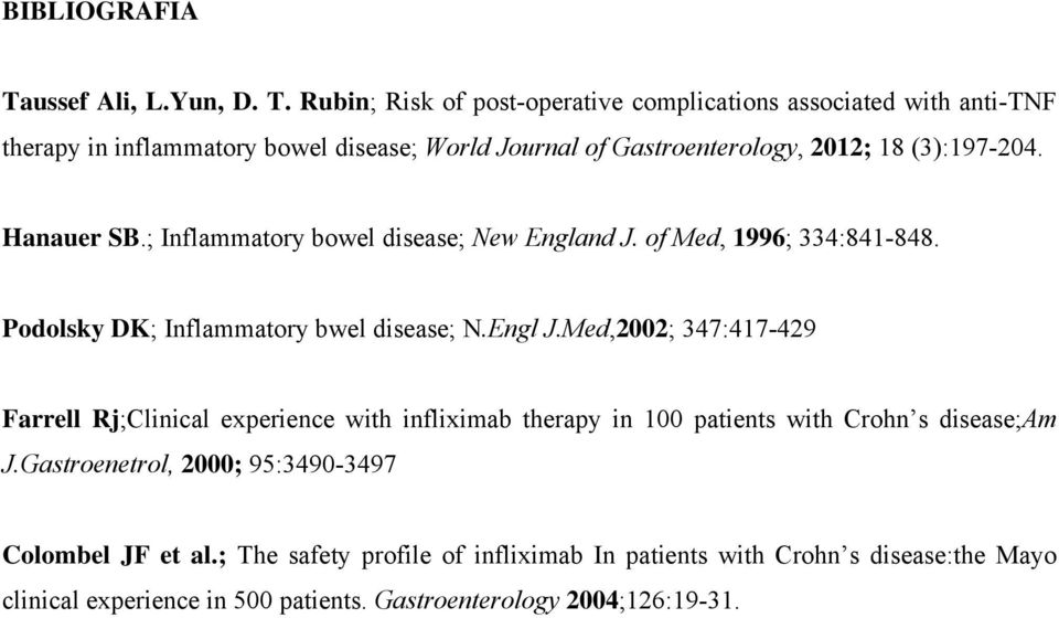 Rubin; Risk of postoperative complications associated with antitnf therapy in inflammatory bowel disease; World Journal of Gastroenterogy, 2012; 18 (3):197204.