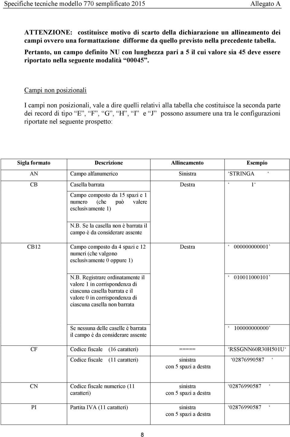 Campi non posizionali I campi non posizionali, vale a dire quelli relativi alla tabella che costituisce la seconda parte dei record di tipo E, F, G, H, I e J possono assumere una tra le