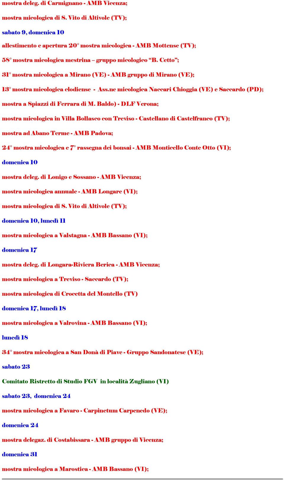 Cetto ; 31 mostra micologica a Mirano (VE) - AMB gruppo di Mirano (VE); 13 mostra micologica clodiense - Ass.ne micologica Naccari Chioggia (VE) e Saccardo (PD); mostra a Spiazzi di Ferrara di M.