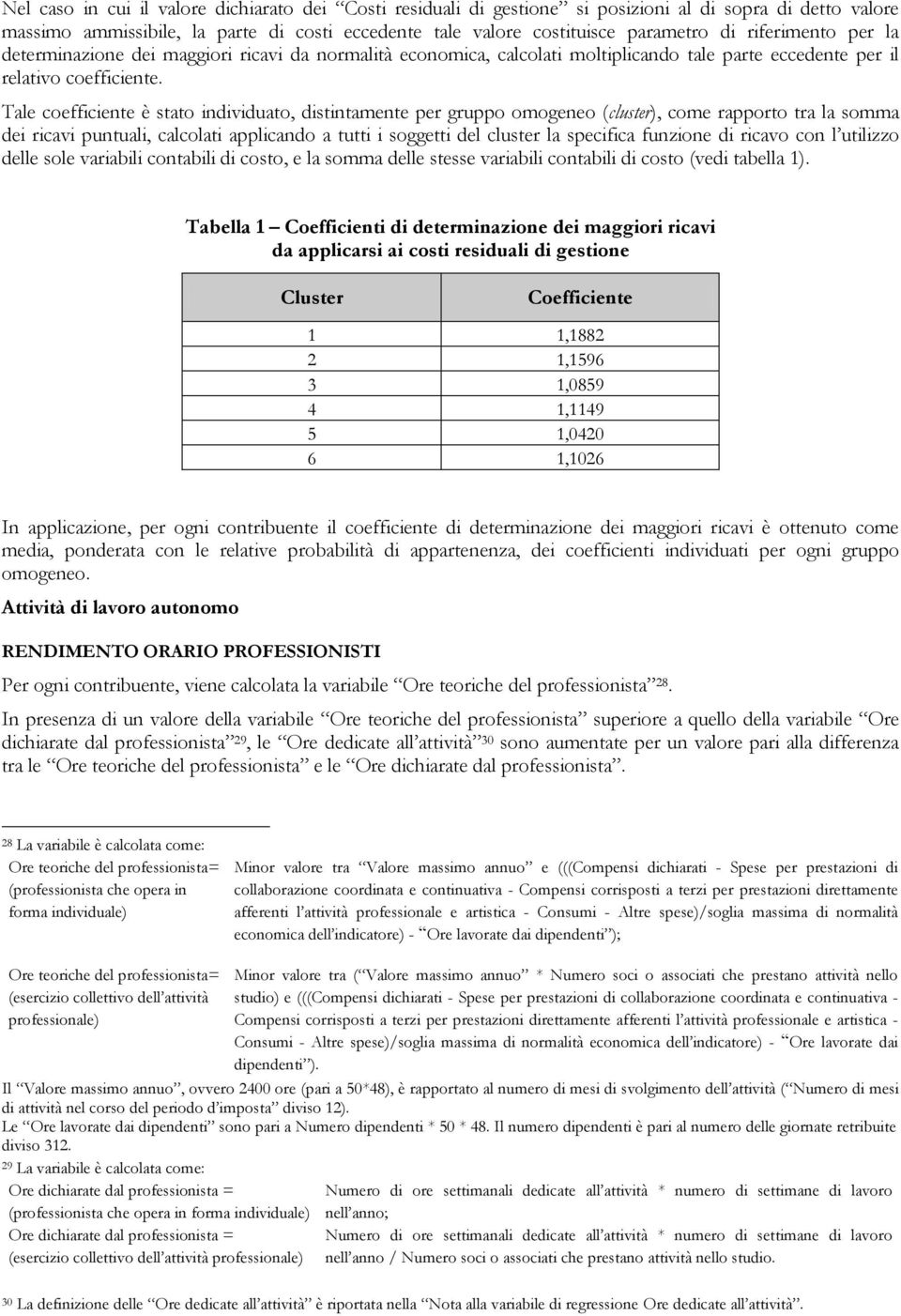 Tale coefficiente è stato individuato, distintamente per gruppo omogeneo (cluster), come rapporto tra la somma dei ricavi puntuali, calcolati applicando a tutti i soggetti del cluster la specifica