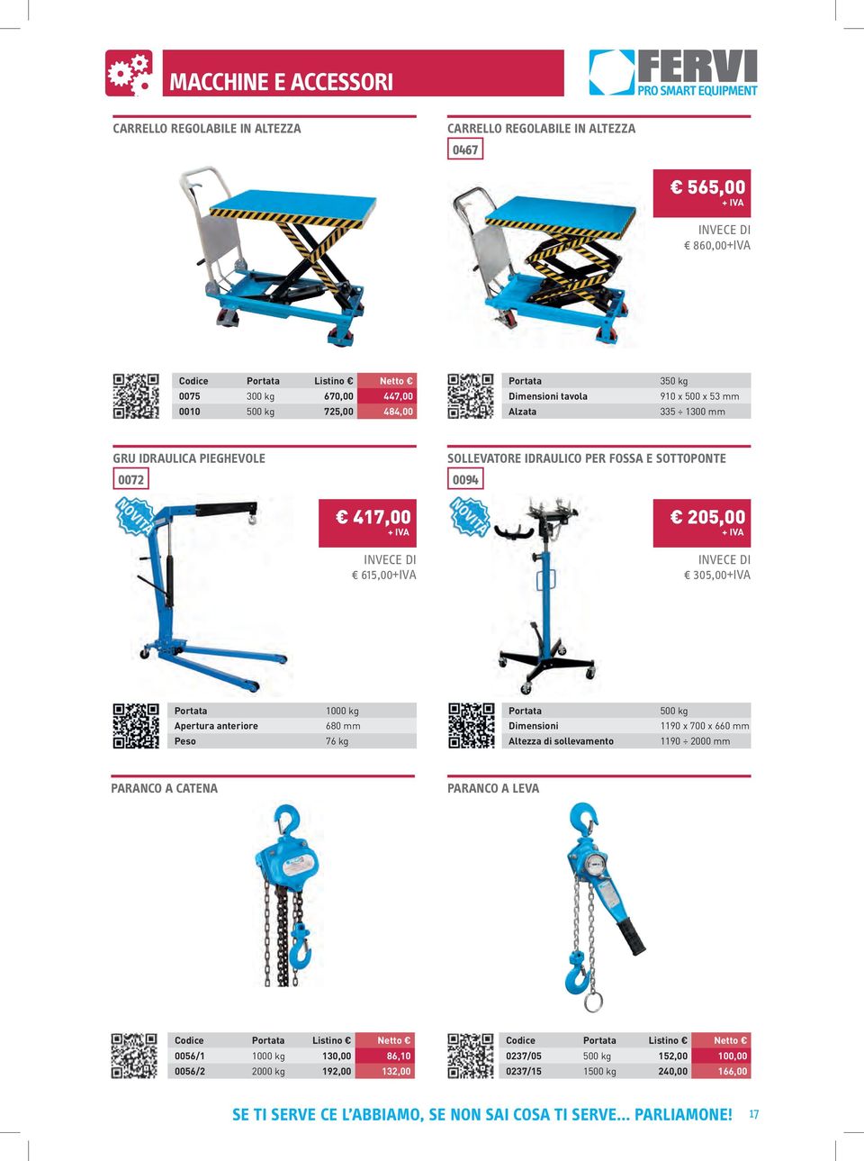 anteriore 680 mm 1190 x 700 x 660 mm 76 kg Altezza di sollevamento 1190 2000 mm PARANCO A CATENA PARANCO A LEVA Codice Portata Listino Netto 0056/1 1000 kg130,0086,10 0056/2 2000 kg 192,00 132,00