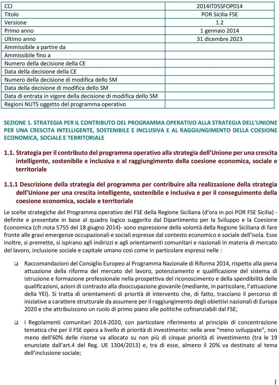 dello SM Data della decisione di modifica dello SM Data di entrata in vigore della decisione di modifica dello SM Regioni NUTS oggetto del programma operativo SEZIONE 1.