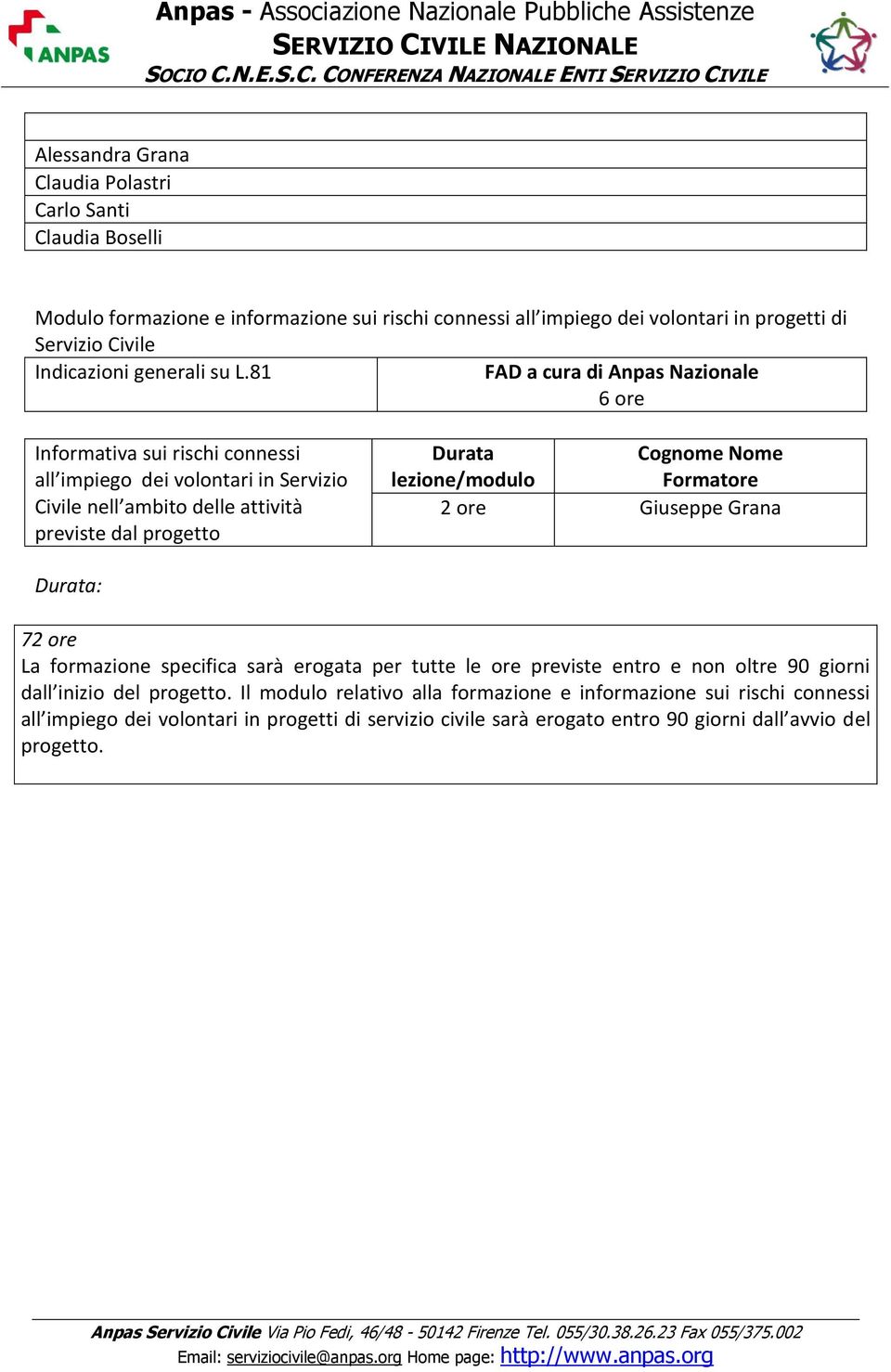 81 FAD a cura di Anpas Nazionale 6 ore Informativa sui rischi connessi all impiego dei volontari in Servizio Civile nell ambito delle attività previste dal progetto Durata Cognome