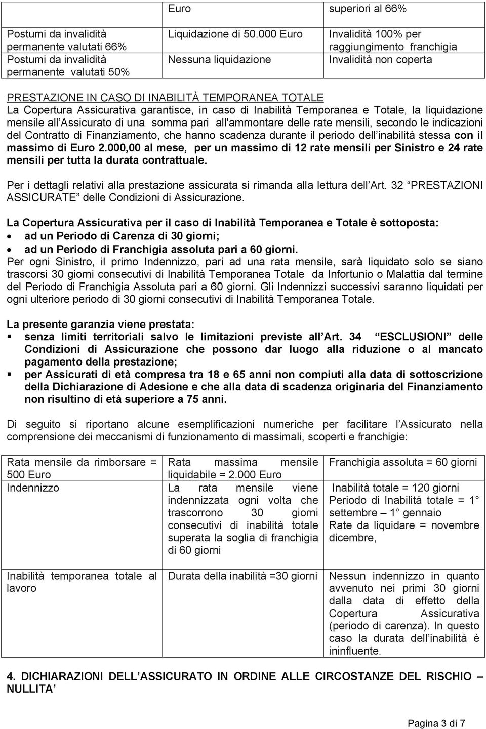 Inabilità Temporanea e Totale, la liquidazione mensile all Assicurato di una somma pari all'ammontare delle rate mensili, secondo le indicazioni del Contratto di Finanziamento, che hanno scadenza