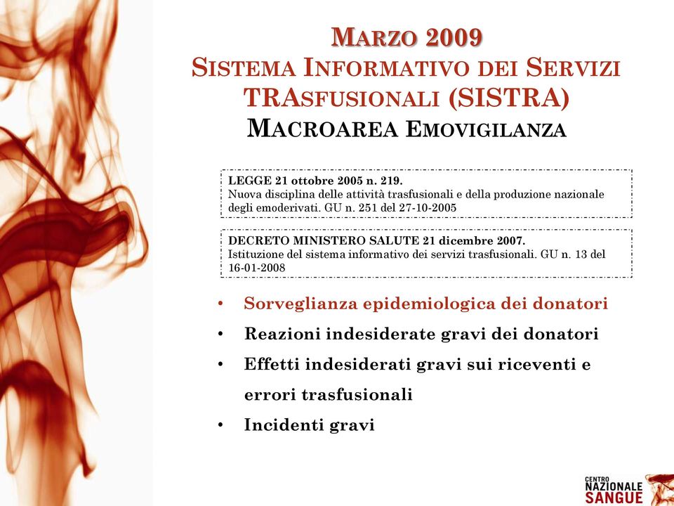 251 del 27-10-2005 DECRETO MINISTERO SALUTE 21 dicembre 2007. Istituzione del sistema informativo dei servizi trasfusionali. GU n.