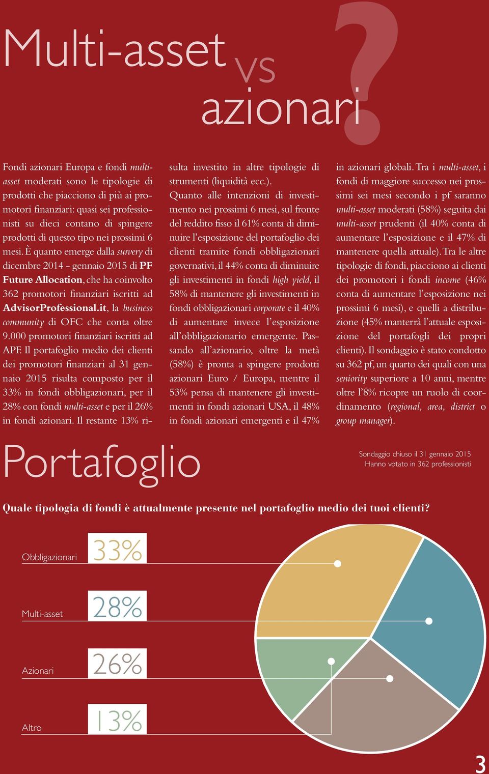 tipo nei prossimi 6 mesi. È quanto emerge dalla survery di dicembre 2014 - gennaio 2015 di PF Future Allocation, che ha coinvolto 362 promotori finanziari iscritti ad AdvisorProfessional.