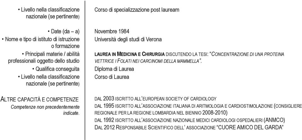 Qualifica conseguita Diploma di Laurea Livello nella classificazione Corso di Laurea ALTRE Competenze non precedentemente indicate.