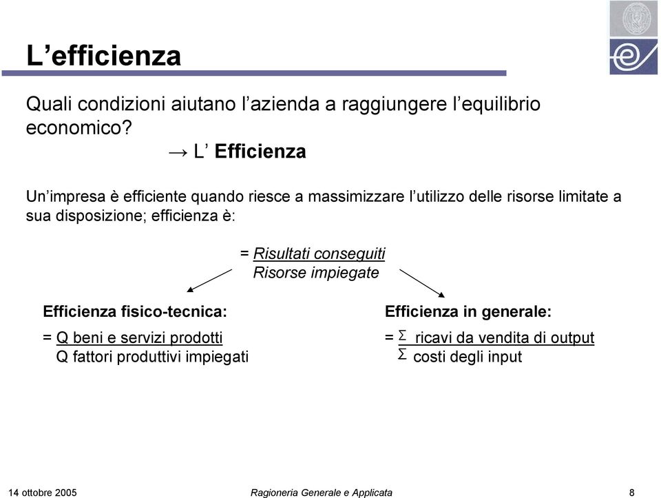 disposizione; efficienza è: = Risultati conseguiti Risorse impiegate Efficienza fisico-tecnica: = Q beni e servizi