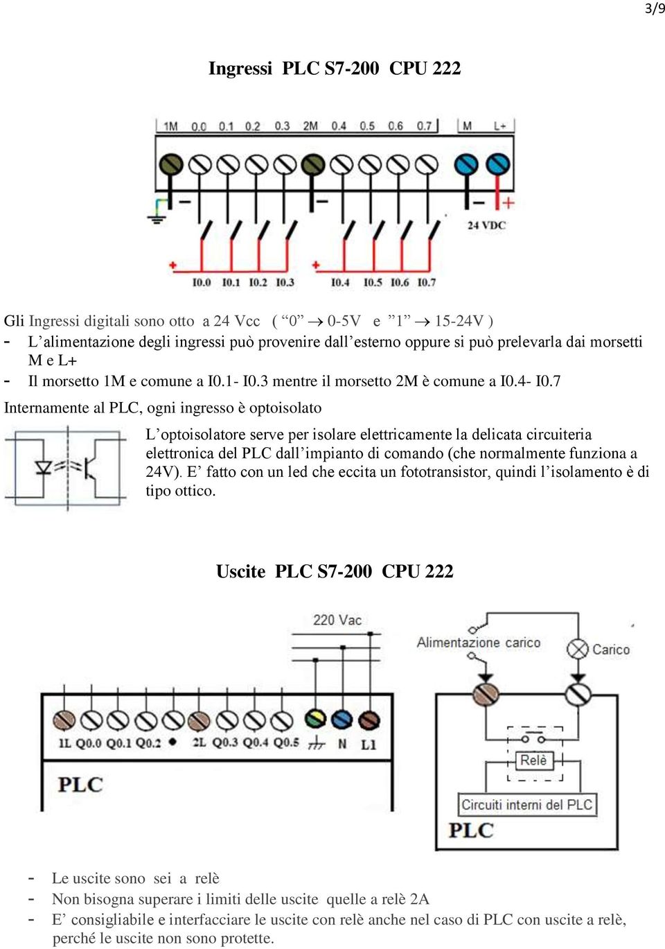 7 Internamente al PLC, ogni ingresso è optoisolato L optoisolatore serve per isolare elettricamente la delicata circuiteria elettronica del PLC dall impianto di comando (che normalmente funziona a