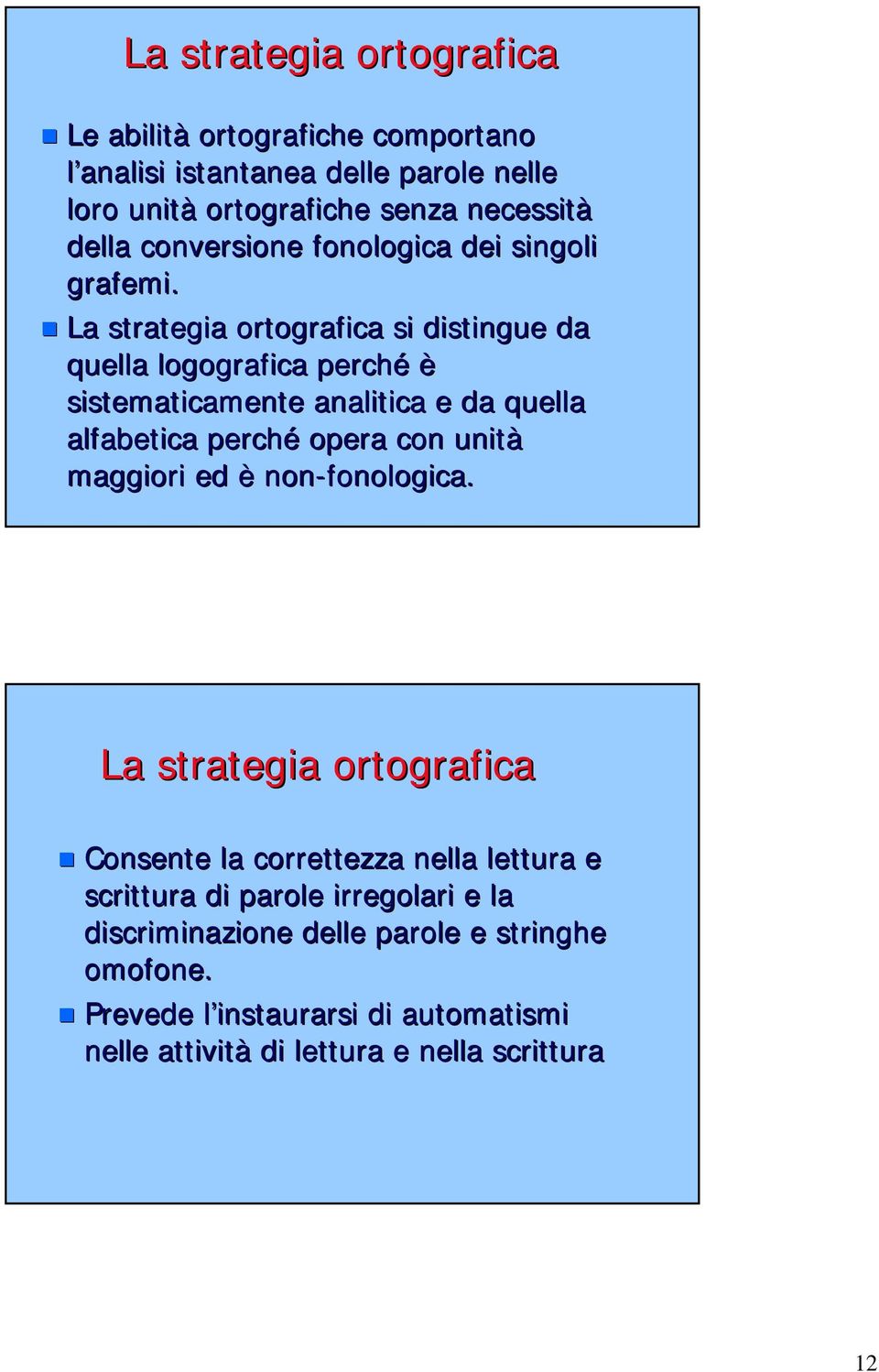 La strategia ortografica si distingue da quella logografica perché è sistematicamente analitica e da quella alfabetica perché opera con unità