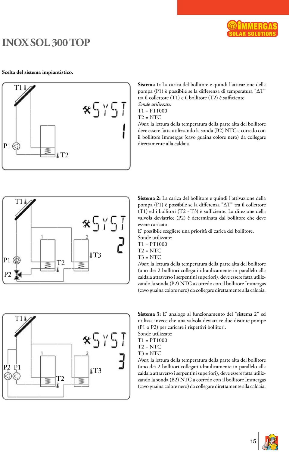 Sonde utilizzate: T1 = PT1000 T2 = NTC Nota: la lettura della temperatura della parte alta del bollitore deve essere fatta utilizzando la sonda (B2) NTC a corredo con il bollitore Immergas (cavo