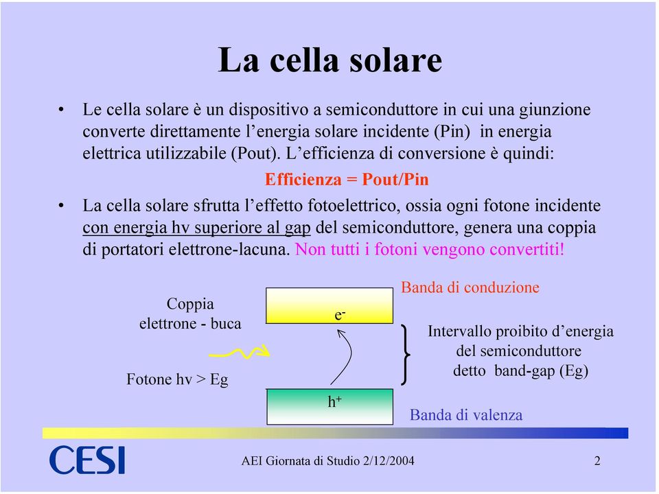 L efficienza di conversione è quindi: Efficienza = Pout/Pin La cella solare sfrutta l effetto fotoelettrico, ossia ogni fotone incidente con energia hv superiore