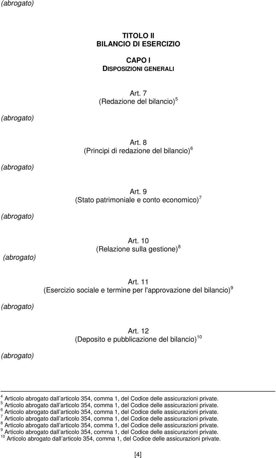 12 (Deposito e pubblicazione del bilancio) 10 4 Articolo abrogato dall articolo 354, comma 1, del Codice delle assicurazioni private.