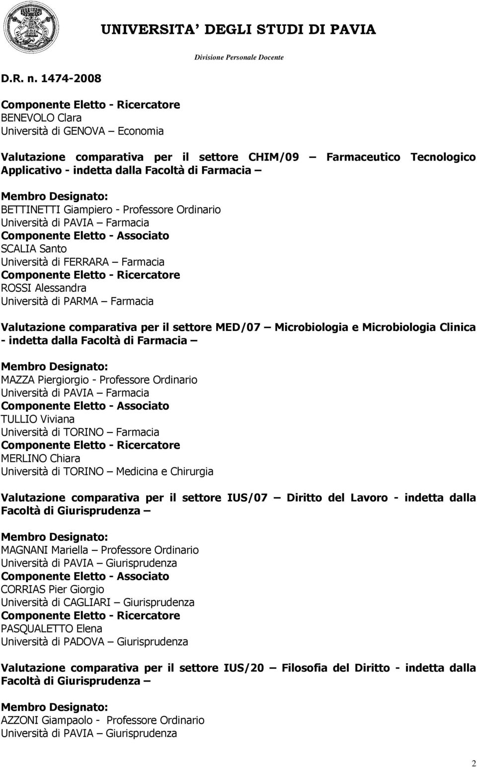 Microbiologia Clinica - indetta dalla Facoltà di Farmacia MAZZA Piergiorgio - Professore Ordinario Università di PAVIA Farmacia TULLIO Viviana Università di TORINO Farmacia MERLINO Chiara Università