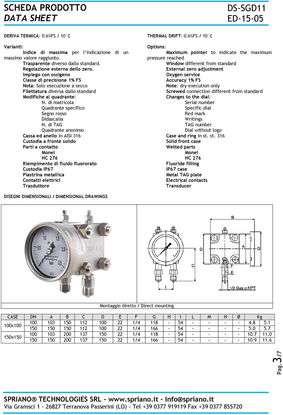 di TAG Quadrante anonimo Cassa ed anello in AISI 316 Custodia a fronte solido Parti a contatto HC 276 Riempimento di fluido fluororato Custodia IP67 Piastrina metallica Contatti elettrici Trasduttore