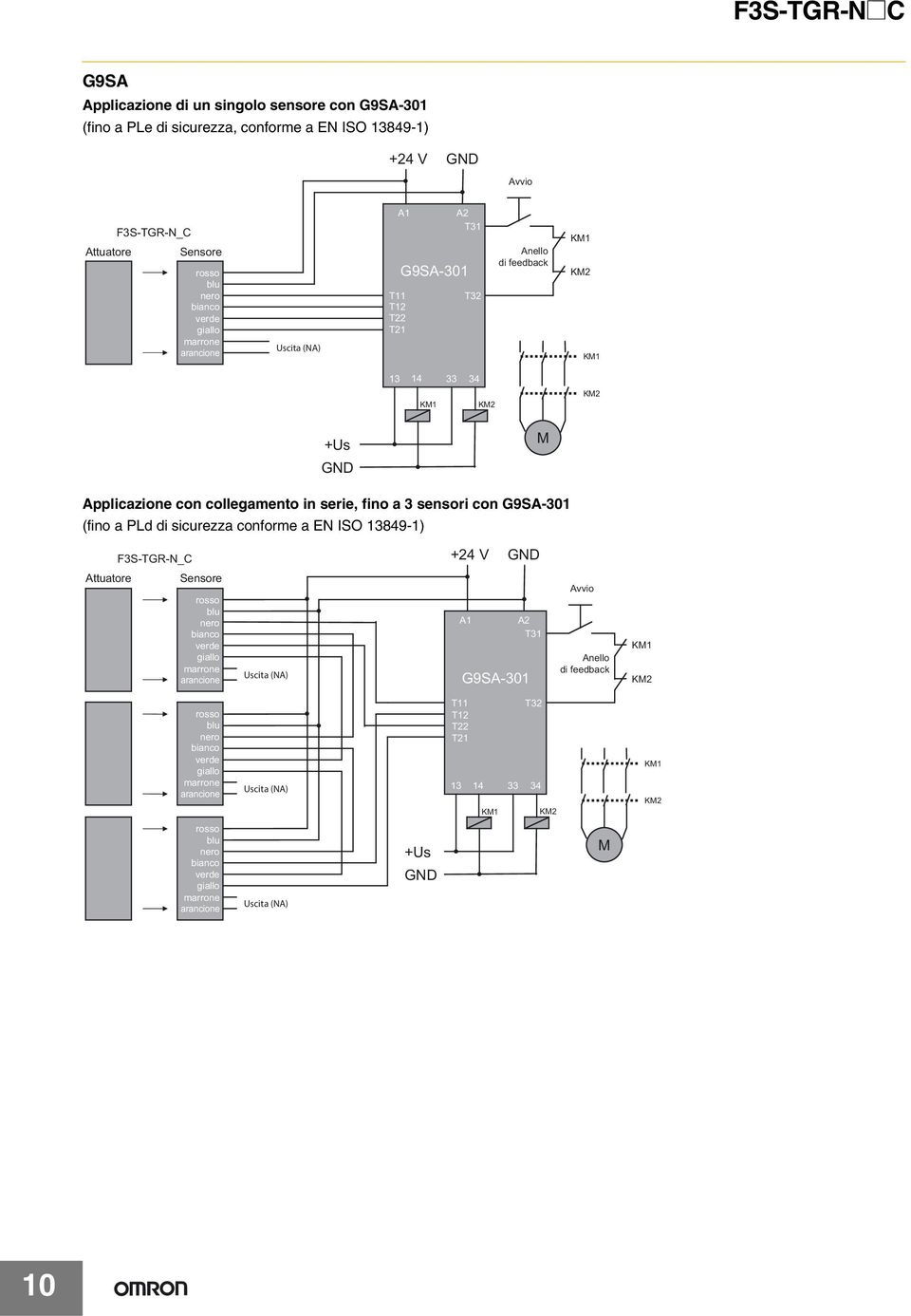 Applicazione con collegamento in serie, fino a sensori con G9SA-01 (fino a PLd di sicurezza conforme a EN ISO