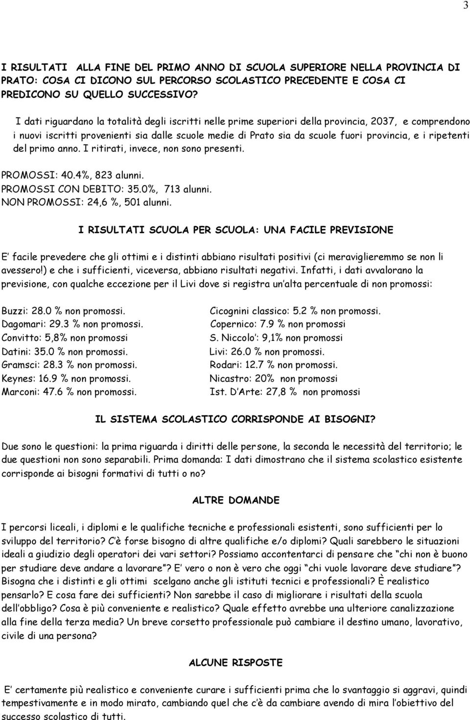 ripetenti del primo anno. I ritirati, invece, non sono presenti. PROMOSSI: 40.4%, 823 alunni. PROMOSSI CON DEBITO: 35.0%, 713 alunni. NON PROMOSSI: 24,6 %, 501 alunni.