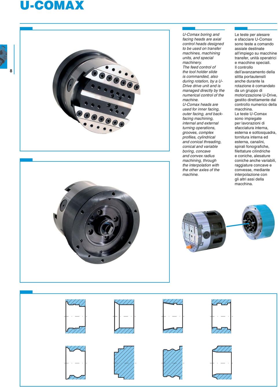 U-Comax heads are used for inner facing, outer facing, and backfacing machining, internal and external turning operations, grooves, complex profiles, cylindrical and conical threading, conical and