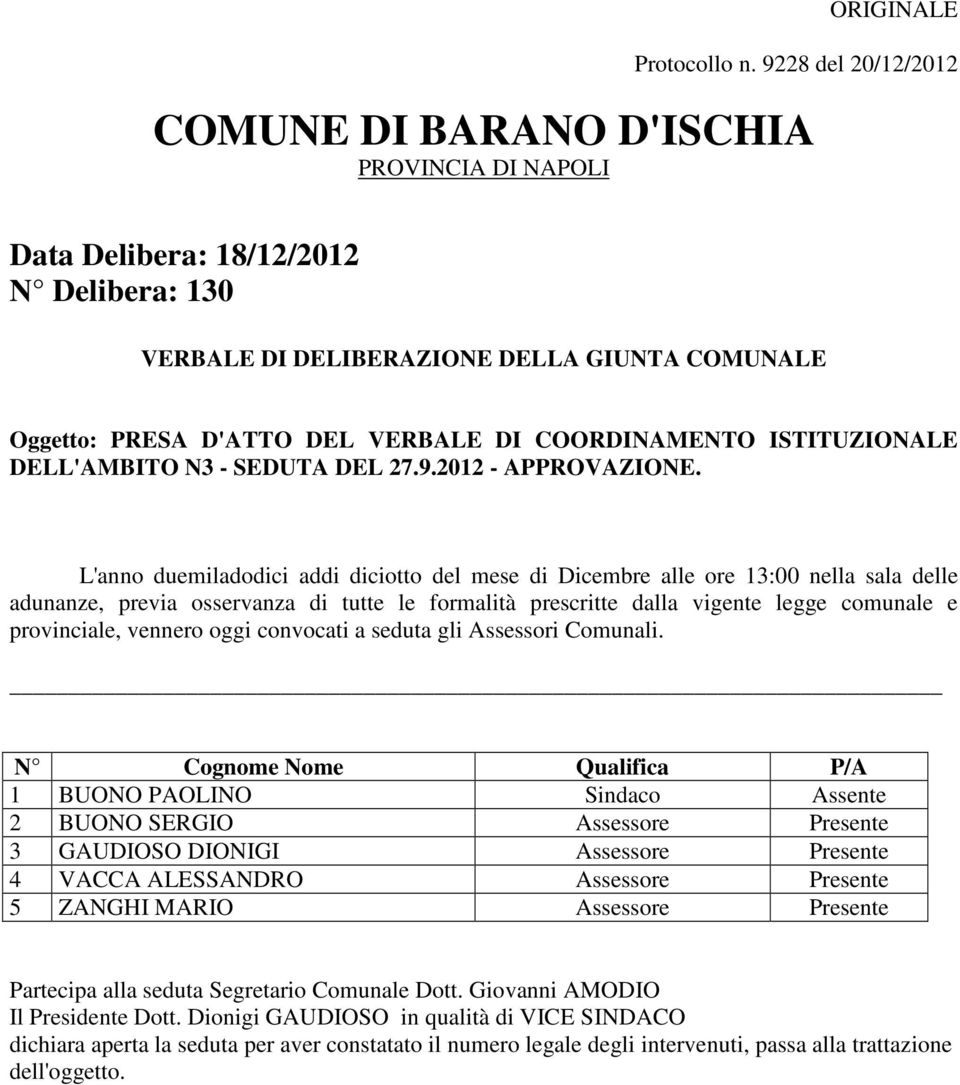 COORDINAMENTO ISTITUZIONALE DELL'AMBITO N3 - SEDUTA DEL 27.9.2012 - APPROVAZIONE.