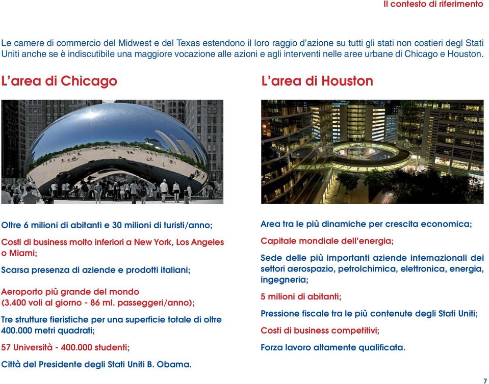 L area di Chicago L area di Houston Oltre 6 milioni di abitanti e 30 milioni di turisti/anno; Costi di business molto inferiori a New York, Los Angeles o Miami; Scarsa presenza di aziende e prodotti