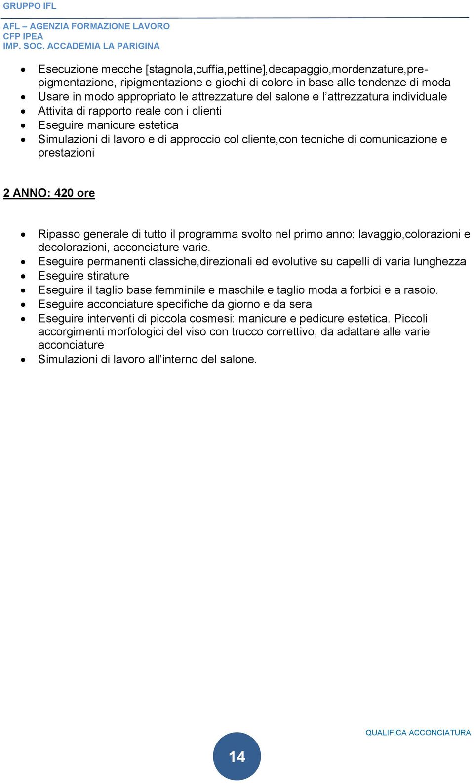 ANNO: 420 ore Ripasso generale di tutto il programma svolto nel primo anno: lavaggio,colorazioni e decolorazioni, acconciature varie.