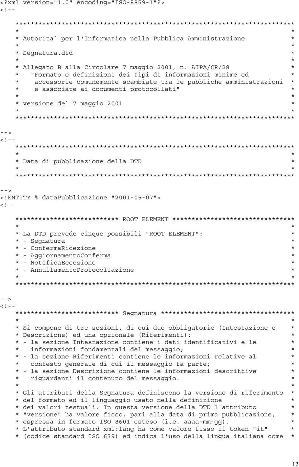 del 7 maggio 2001 * * Data di pubblicazione della DTD * <!