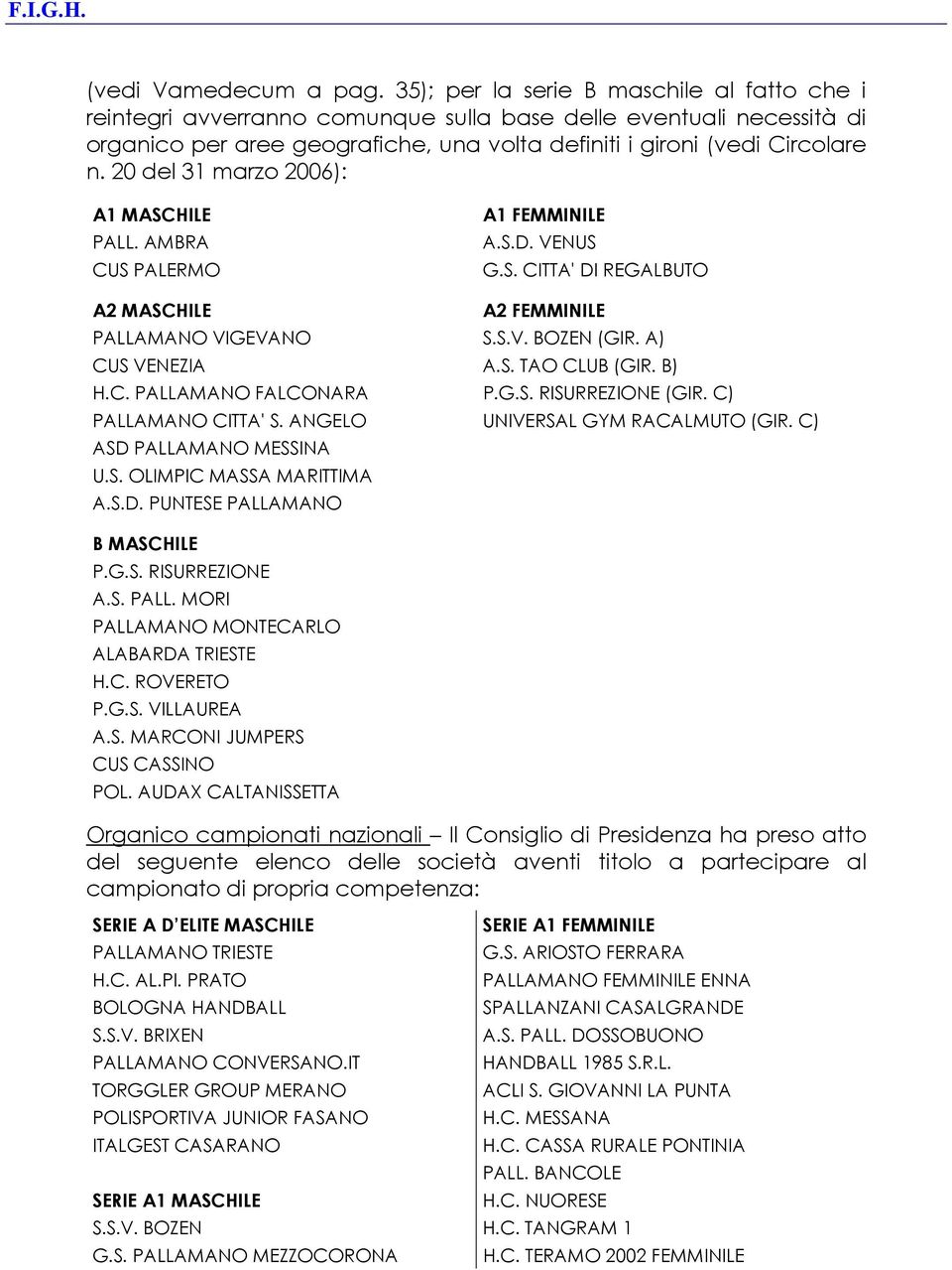 20 del 31 marzo 2006): A1 MASCHILE PALL. AMBRA CUS PALERMO A1 FEMMINILE A.S.D. VENUS G.S. CITTA' DI REGALBUTO A2 MASCHILE A2 FEMMINILE PALLAMANO VIGEVANO S.S.V. BOZEN (GIR. A) CUS VENEZIA A.S. TAO CLUB (GIR.