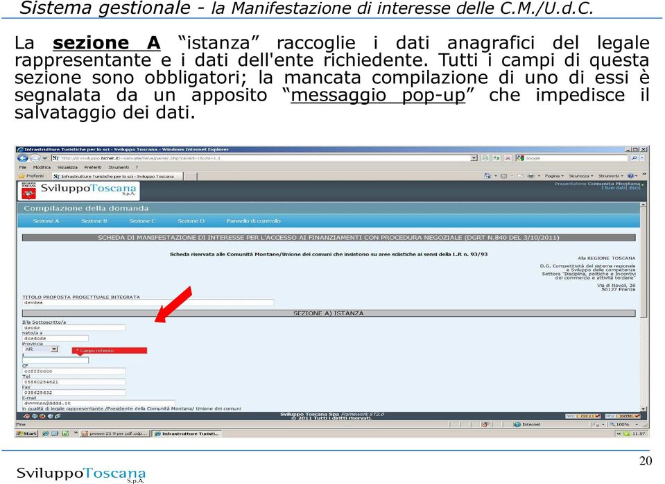 La sezione A istanza raccoglie i dati anagrafici del legale rappresentante e i dati