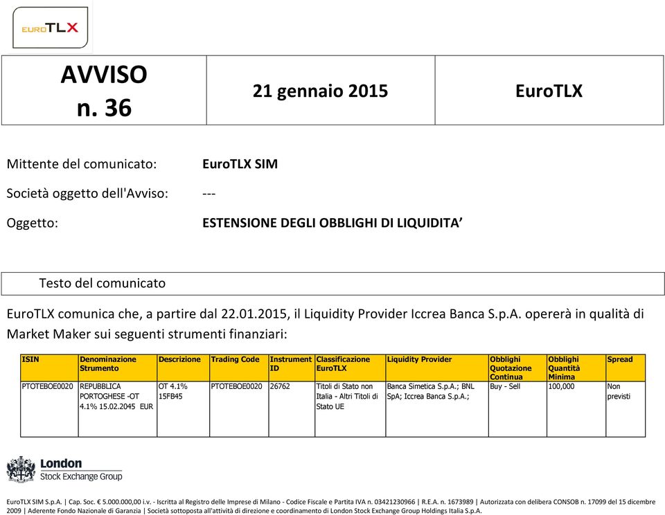 LIQUITA Testo del comunicato comunica che, a partire dal 22.01.2015, il Iccrea Banca S.p.A. opererà in qualità di Market Maker sui seguenti strumenti finanziari: PTOTEBOE0020 REPUBBLICA PORTOGHESE -OT 4.