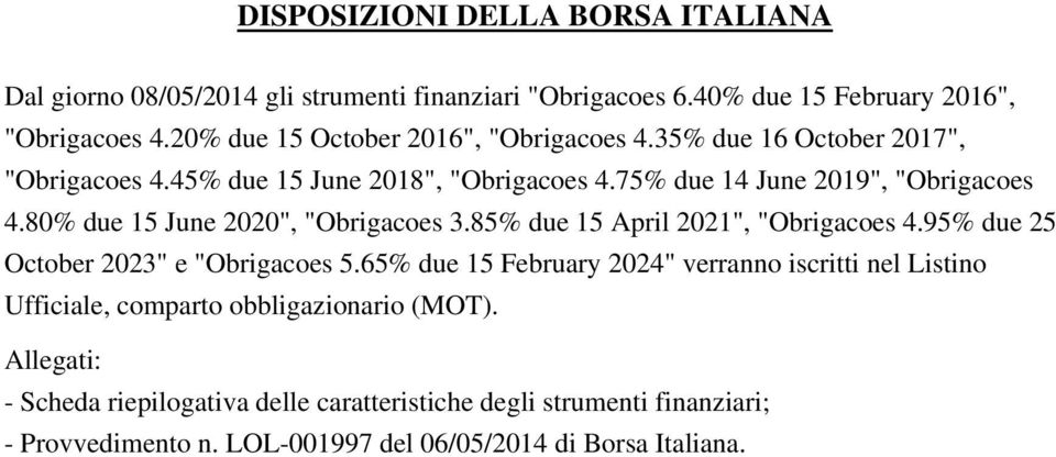 80% due 15 June 2020", "Obrigacoes 3.85% due 15 April 2021", "Obrigacoes 4.95% due 25 October 2023" e "Obrigacoes 5.