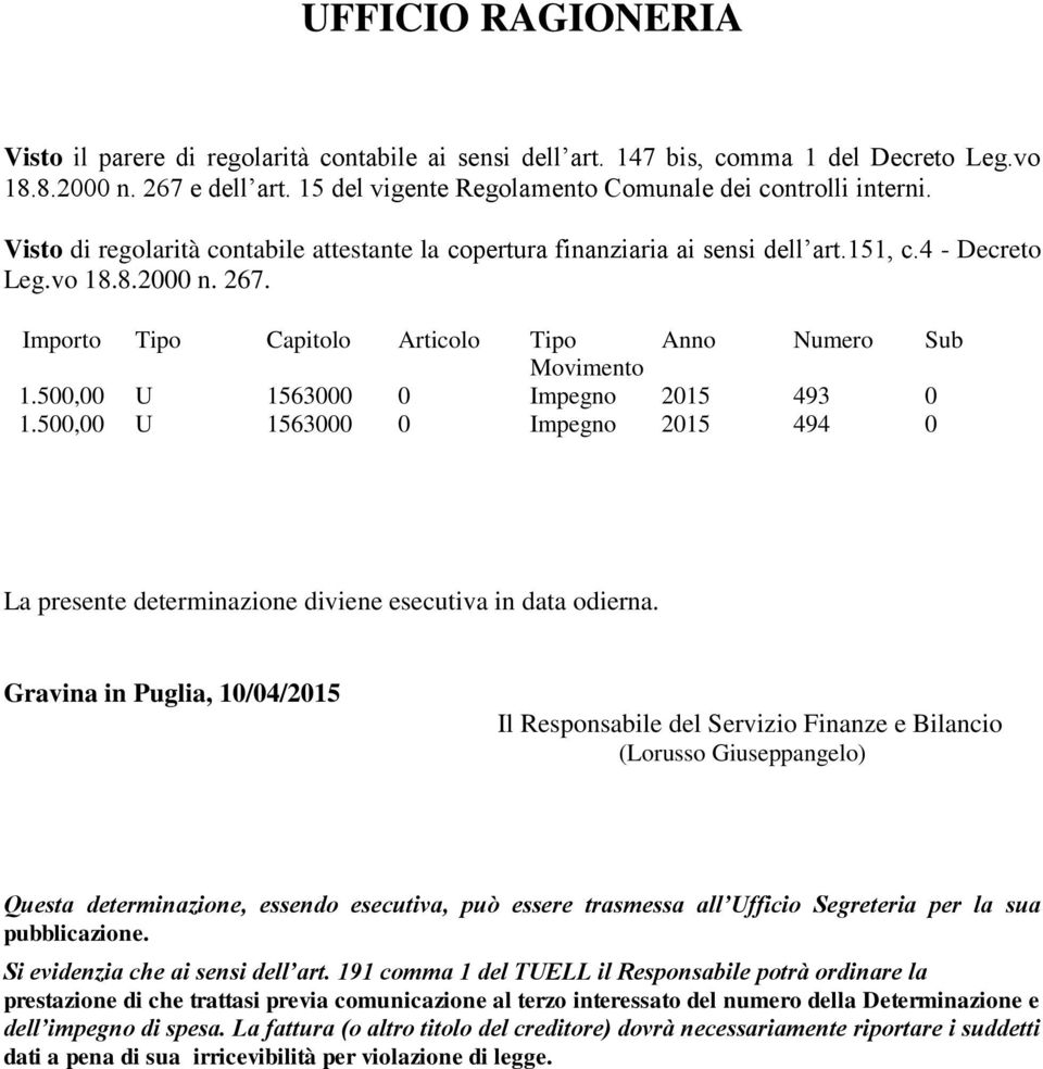 Importo Tipo Capitolo Articolo Tipo Anno Numero Sub Movimento 1.500,00 U 1563000 0 Impegno 2015 493 0 1.