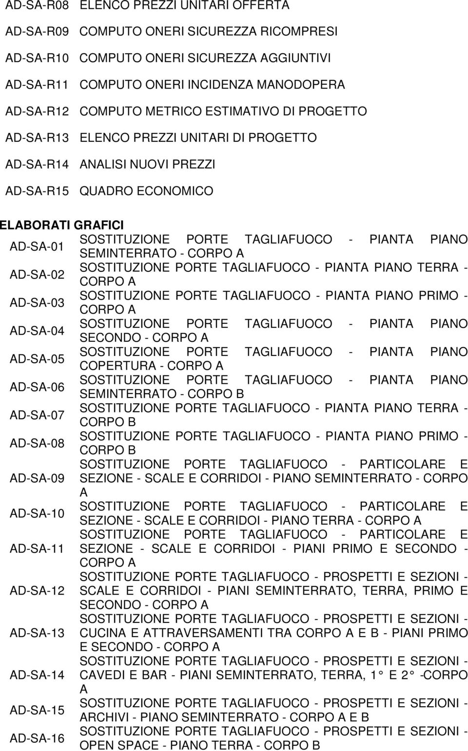 AD-SA-03 PRIMO - AD-SA-04 SECONDO - AD-SA-05 COPERTURA - AD-SA-06 SEMINTERRATO - CORPO B AD-SA-07 TERRA - CORPO B AD-SA-08 PRIMO - CORPO B AD-SA-09 SEZIONE - SCALE E CORRIDOI - PIANO SEMINTERRATO -