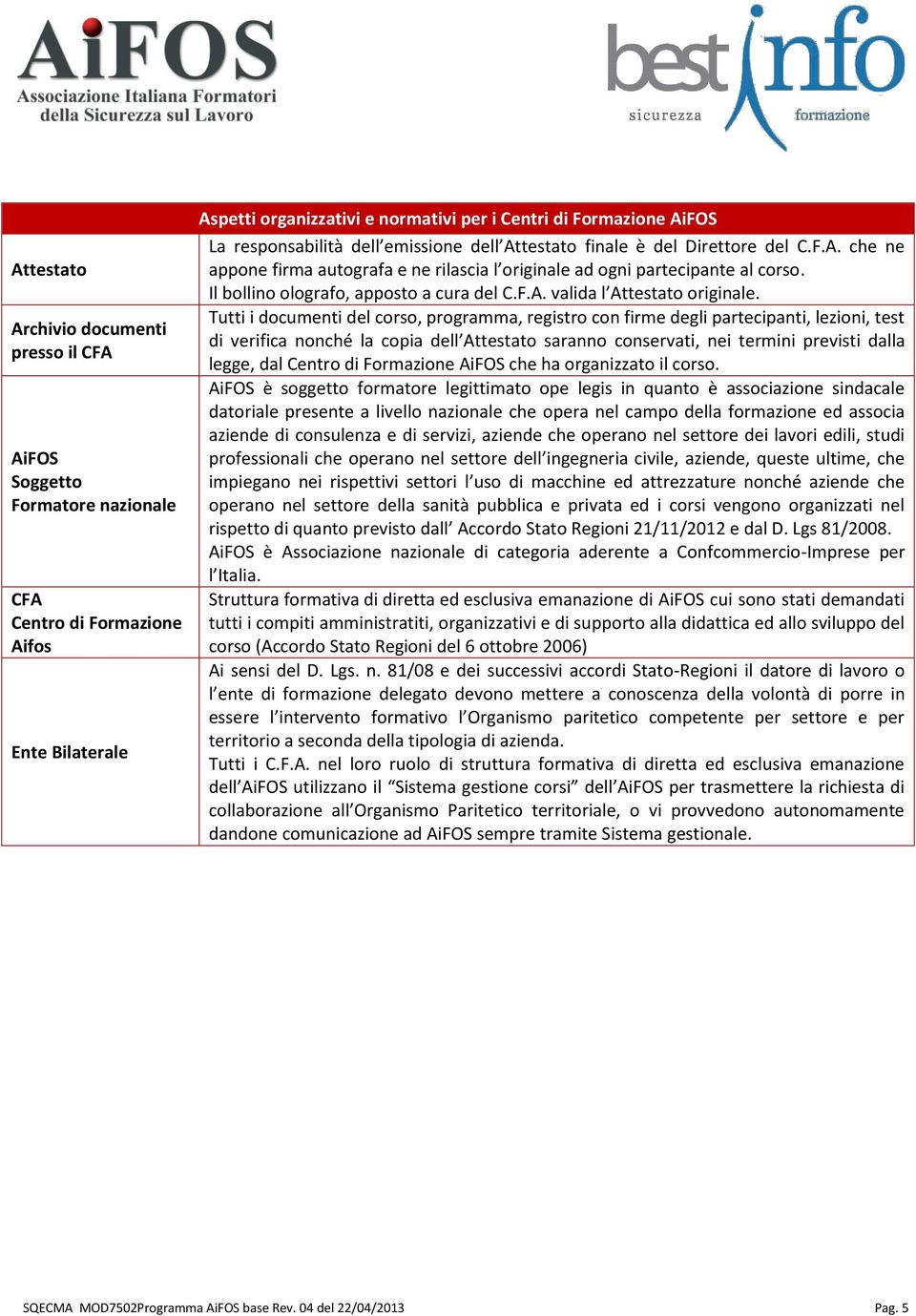 Il bollino olografo, apposto a cura del C.F.A. valida l Attestato originale.