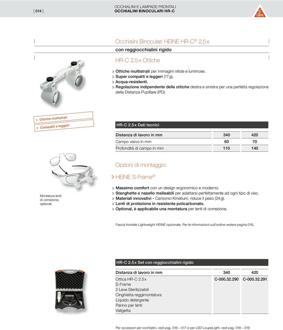 Regolazione indipendente delle ottiche destra e sinistra per una perfetta regolazione della Distanza Pupillare (PD). Ottiche multistrati Compatti e leggeri HR-C 2.