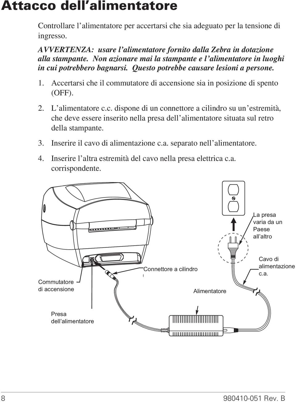 Accertarsi che il commutatore di accensione sia in posizione di spento (OFF). 2. L alimentatore c.c. dispone di un connettore a cilindro su un estremità, che deve essere inserito nella presa dell alimentatore situata sul retro della stampante.