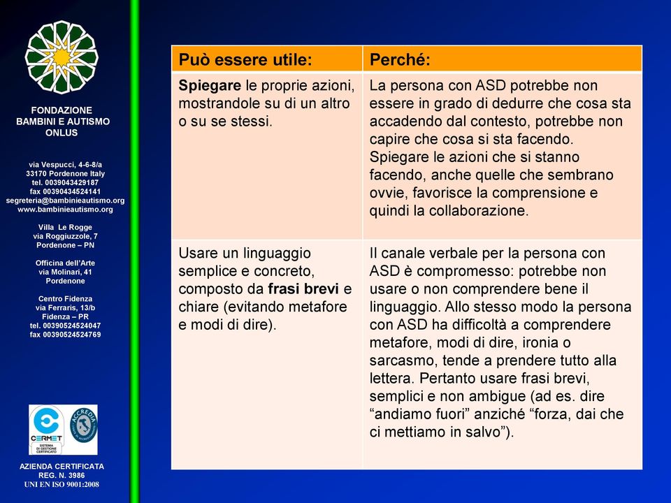 Perché: La persona con ASD potrebbe non essere in grado di dedurre che cosa sta accadendo dal contesto, potrebbe non capire che cosa si sta facendo.