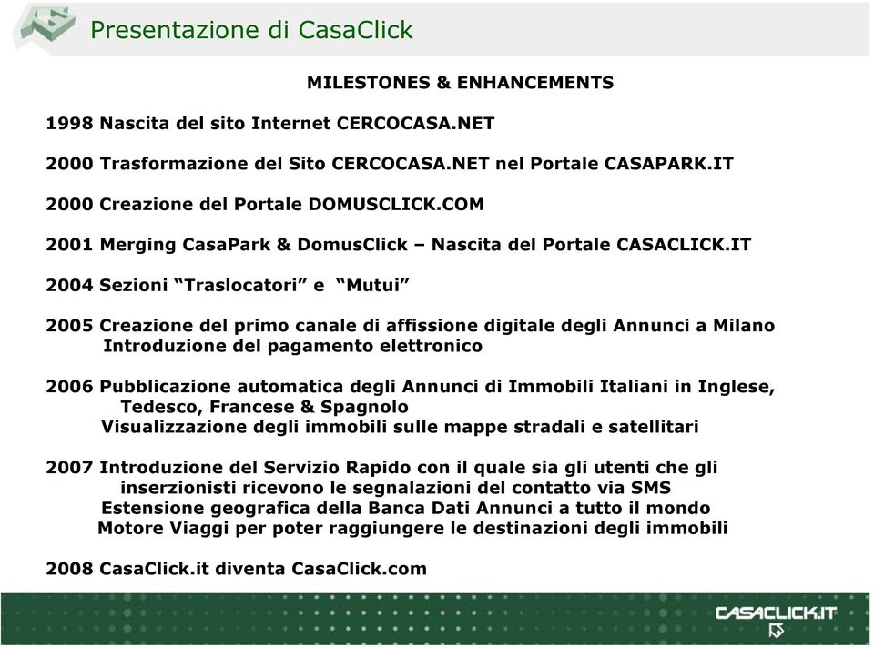 IT 2004 Sezioni Traslocatori e Mutui 2005 Creazione del primo canale di affissione digitale degli Annunci a Milano Introduzione del pagamento elettronico 2006 Pubblicazione automatica degli Annunci