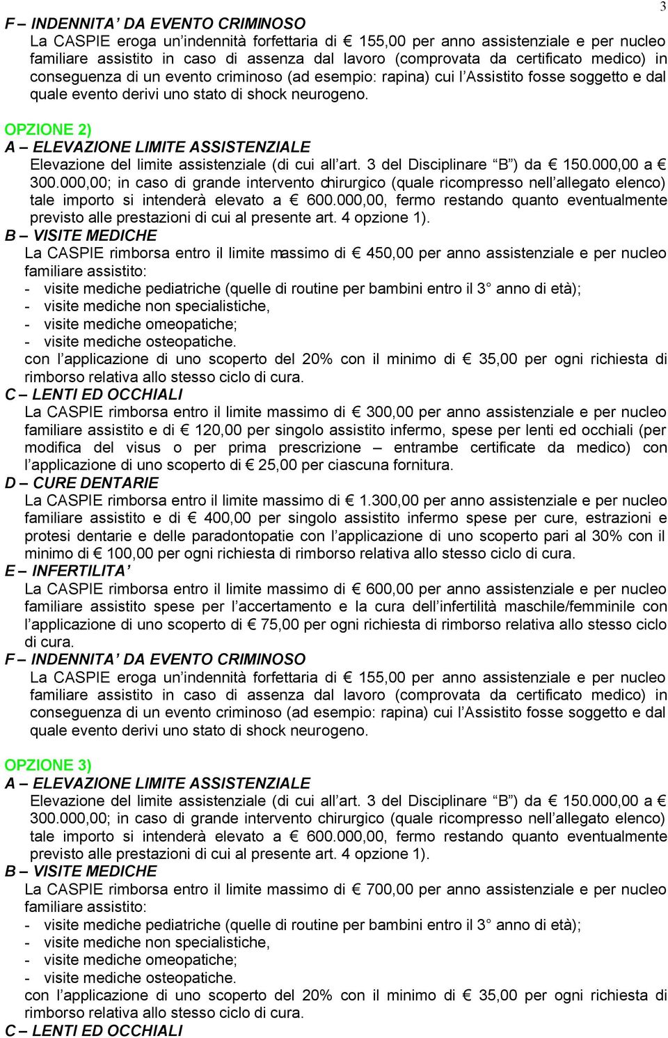 OPZIONE 2) A ELEVAZIONE LIMITE ASSISTENZIALE Elevazione del limite assistenziale (di cui all art. 3 del Disciplinare B ) da 150.000,00 a 300.