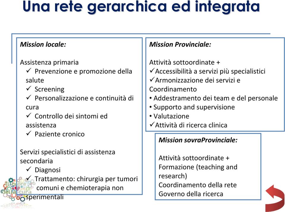 Provinciale: Attività sottoordinate + Accessibilità a servizi più specialistici Armonizzazione dei servizi e Coordinamento Addestramento dei team e del personale Supporto and