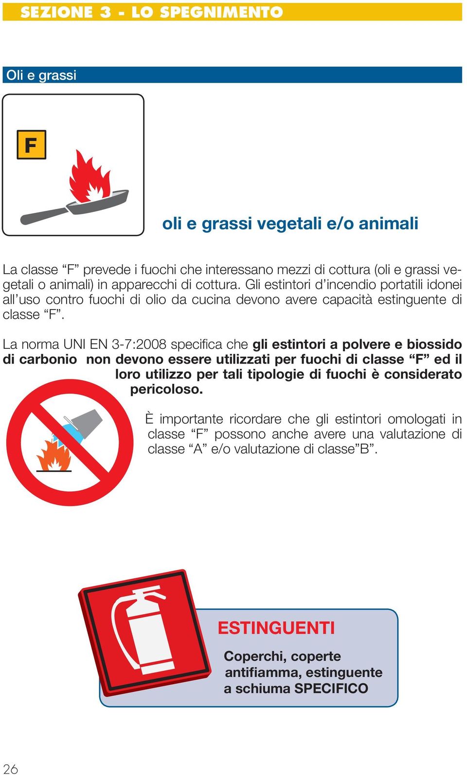 La norma UNI EN 3-7:2008 specifi ca che gli estintori a polvere e biossido di carbonio non devono essere utilizzati per fuochi di classe F ed il loro utilizzo per tali tipologie