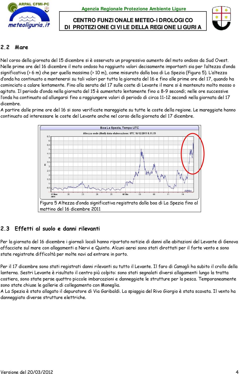 Spezia (Figura 5). L altezza d onda ha continuato a mantenersi su tali valori per tutta la giornata del 16 e fino alle prime ore del 17, quando ha cominciato a calare lentamente.