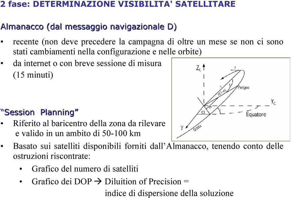 Planning Riferito al baricentro della zona da rilevare e valido in un ambito di 50-100 km Basato sui satelliti disponibili forniti dall